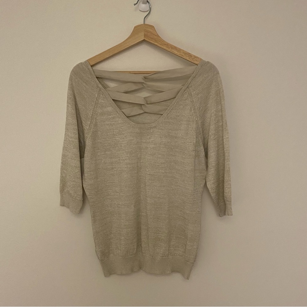 Reitmans Women’s Lightweight Cream & Gold 3/4 Sleeve Sweater, Size Large - Picture 2 of 6